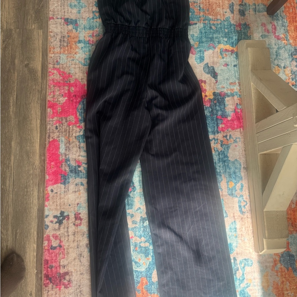 bishop + young Navy Pinstripe Strapless Jumpsuit